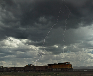 Lightning strikes near a train