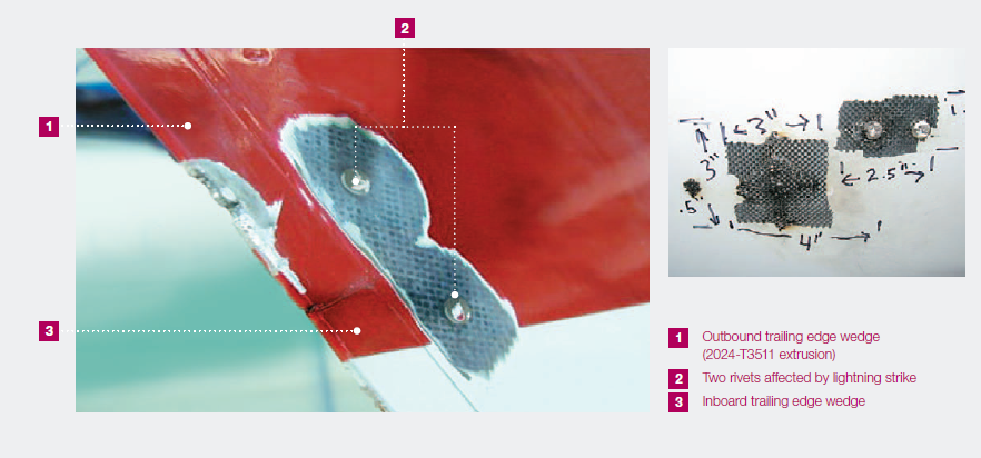 A picture showing the damage caused by lightning strike on an aircraft