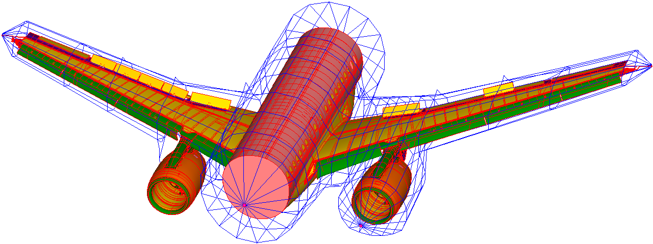 Model of a full-aircraft with a return conductor system for the simulation. The cockpit and empennage have been omitted as they are unnecessary in this wing simulation.